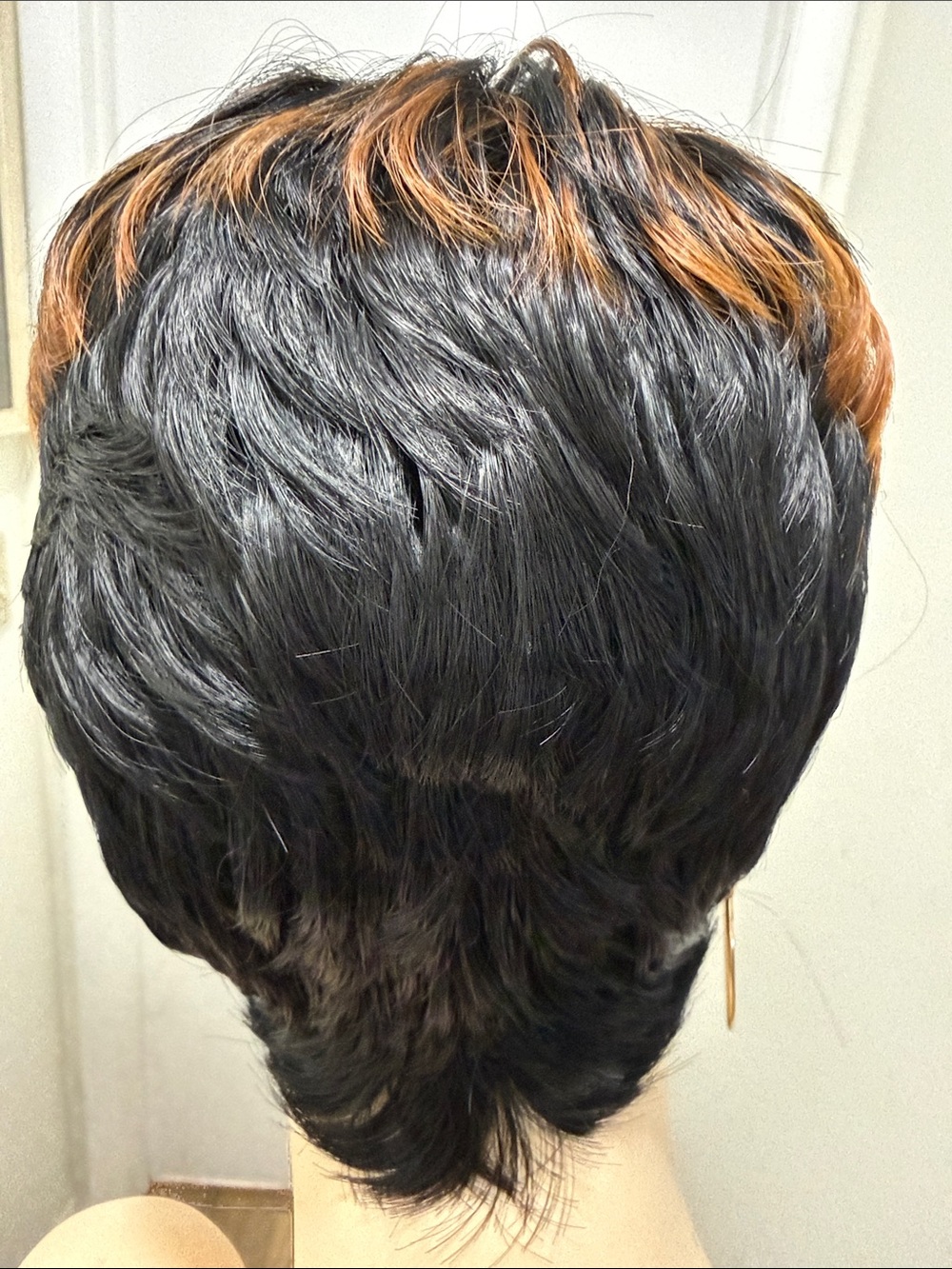 HAIR, Pixie Cut with Bangs, Black with Copper/Carmel highlights - Picture 5 of 13